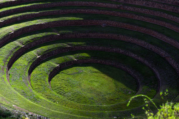 Archaeological site of Moray in the Sacred Valley of Cusco. Historians believe that these terraces were used for agricultural experiments. stock photo