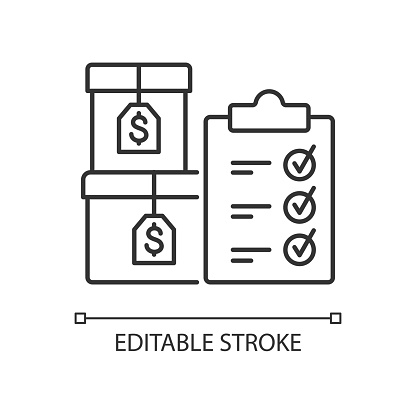 Goods ready for sale linear icon. Inventory in manufacturing. Finished things in accounting. Thin line customizable illustration. Contour symbol. Vector isolated outline drawing. Editable stroke