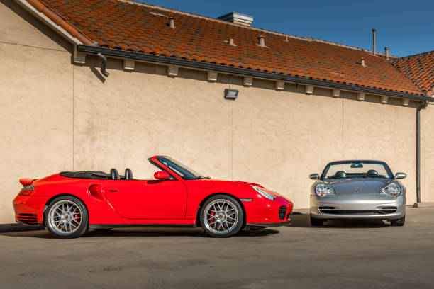 McKinney, Texas / USA January 31, 20201: Photo of a red Porsche 911 turbo and a silver Porsche 911 Carrera