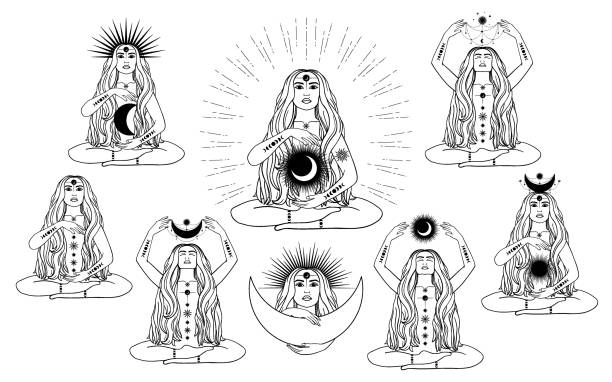 stockillustraties, clipart, cartoons en iconen met hand drawn set of silhouette mystical women with sun, moon, star in line art. spiritual abstract young woman. magic collection, esoteric talisman. vector illustration isolated on white background - godin