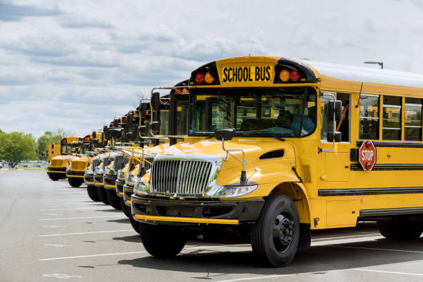 guarda gli scuolabus gialli parcheggiati vicino al liceo - safety yellow road striped foto e immagini stock