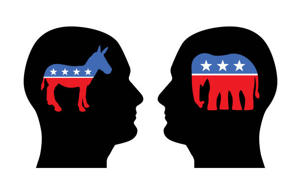 Political Donkey Elephant  Heads Vector illustration of two face to face men silhouettes with a political donkey and elephant on them. burro stock illustrations