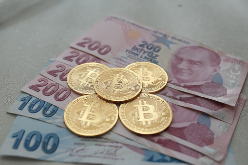 close up of bitcoin on turkish lira on white background
