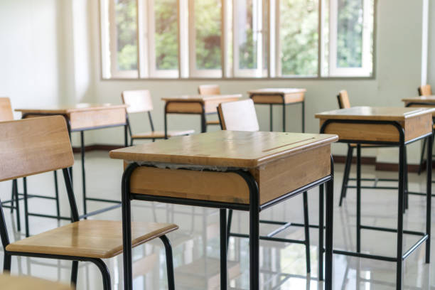 istock Classroom high school empty no children teacher when COVID-19 disease outbreak closed quarantine, no pupils in school and student study at home. Education learning problem in future, new normal life 1333448738