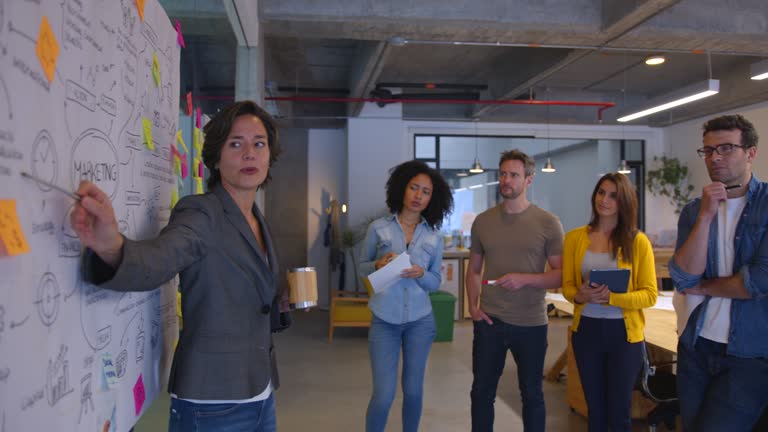 Adult woman leading a strategic business plan meeting pointing at the white board while explaining to her team