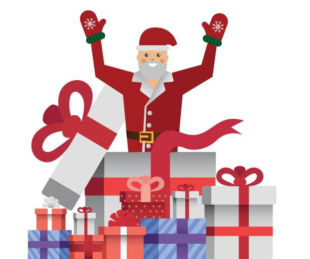 санта клаус с вектором подарочной к�оробки, рождественский связанный плоский значок. - christmas present senior men surprise gift box stock illustrations