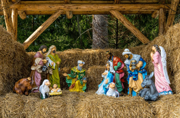 istock Rustic nativity scene. The hayloft and statues with Christmas characters 1333457505