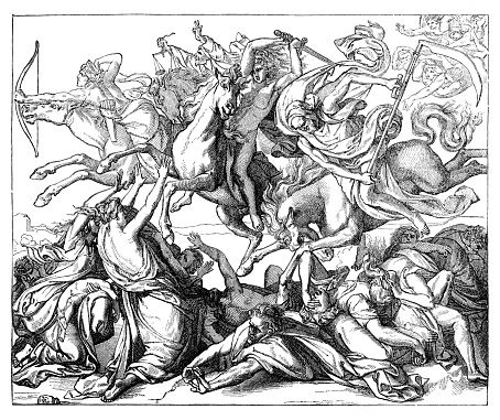 Peter von Cornelius 19th century
Original edition from my own archives
Source : Brockhaus 1898
The Four Horsemen of the Apocalypse ( often referred to as the Four Horsemen ) are figures in Christian mythology, appearing in the New Testament's final book, Revelation, an apocalypse written by John of Patmos, as well as in the Old Testament's prophetic Book of Zechariah, and in the Book of Ezekiel, where they are named as punishments from God.