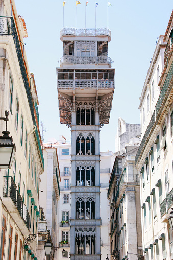 Santa Justa Elevator, Lisbon. Top attraction and a great viewpoint in Lisbon, Portugal. Concept of tourism.