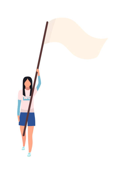 istock Young woman with flag on stick semi flat color vector character 1333465769
