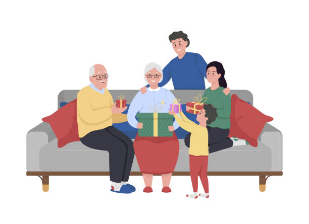 большая семья празднует день рождения бабушки полуплоские цветные векторные персонажи - multi generation family isolated people silhouette stock illustrations