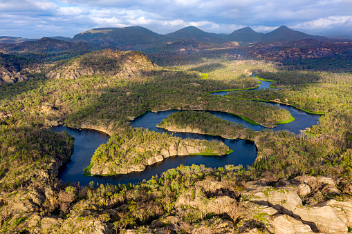 Dunns Swamp Aerial view with a blue sky, on the upper Cudgegong River, Wollemi National Park, NSW Australia