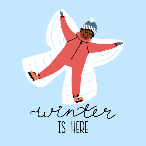 Winter is here hand lettering, and a cute character lying on snow and making a snow angel. Seasonal greeting card, outdoor activities banner, pastime cartoon flyer. Vector hand-drawn illustration. Winter is here hand lettering, and a cute character lying on snow and making a snow angel. Seasonal greeting card, outdoor activities banner, pastime cartoon flyer. Vector hand-drawn illustration. snow angels stock illustrations