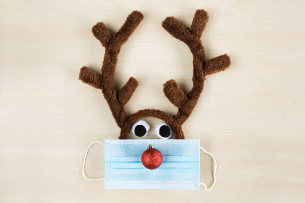 istock Christmas reindeer in face mask on wooden table background with copy space for text. 1333471619