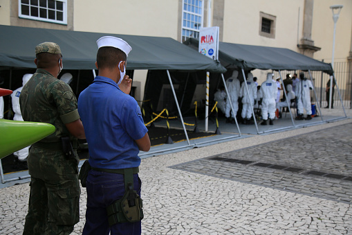salvador, bahia, brazil - february 10, 2021: military personnel from the Armed Forces perform disinfection at the Casa do Carnaval, in the historic center, in the city of Salvador.