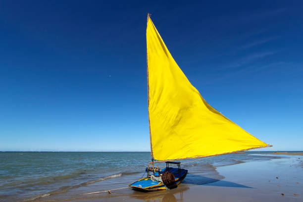sailing boat in porto seguro - bahia, northeastern brazil - coroa vermelha beach - wooden raft - fotografias e filmes do acervo