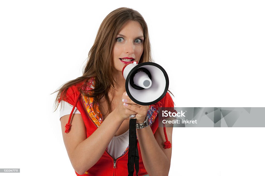 Business woman with megaphone Business woman with megaphone. Isolated on white. Shoot in Minilypse Ljubljana. Adult Stock Photo