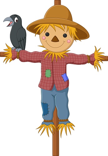 Vector illustration of Cartoon funny scarecrow with crow bird