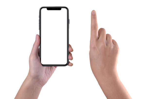istock Women hand holdingscrolling black smartphone isolated on white background 1333477868