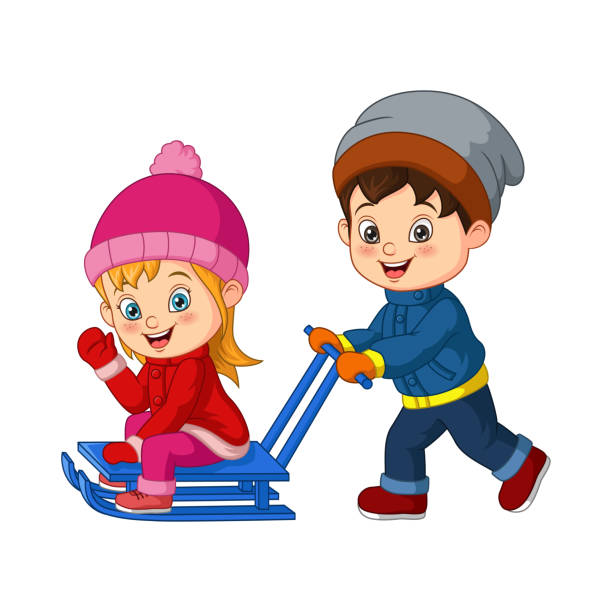 симпатичный мальчик толкает сани с маленькой девочкой - christmas child friendship little boys stock illustrations