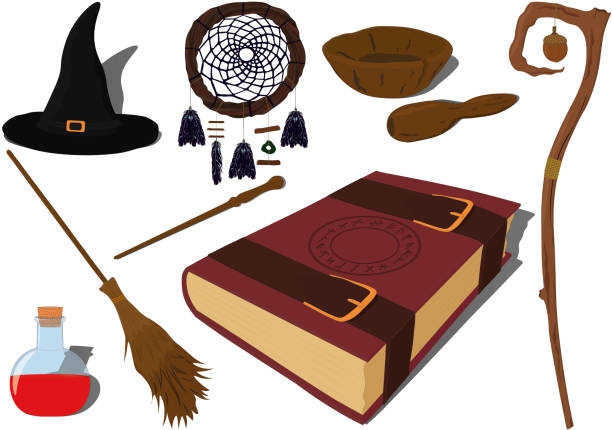 illustrazioni stock, clip art, cartoni animati e icone di tendenza di illustrazione vettoriale della collezione di oggetti magici di magia di magia e magia della magia della magia - wizard magic broom stick