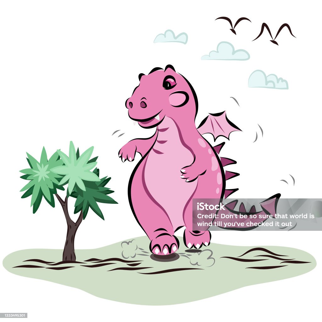 Pink Dinosaur Cartoon Character Vector Illustration Drawing Happy Smile  Huge Baby Dino Running On Green Grass Beside Greenery Tree Under Blue  Clouds And Flying Black Bird Stock Illustration - Download Image Now -