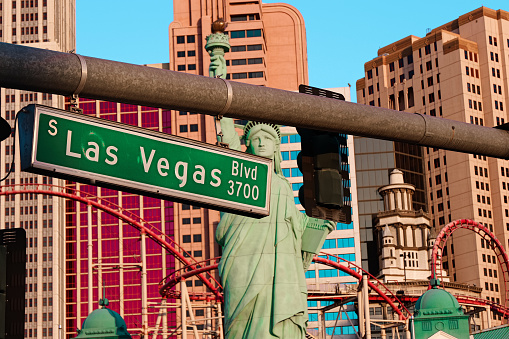 Las Vegas, NV/USA - Sep 15, 2018: Las Vegas Blvd sign with New York, New York Hotel and Casino,Statue of liberty in background.