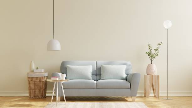 istock Living room interior wall mockup with sofa with decor on warm tones. 1333496134