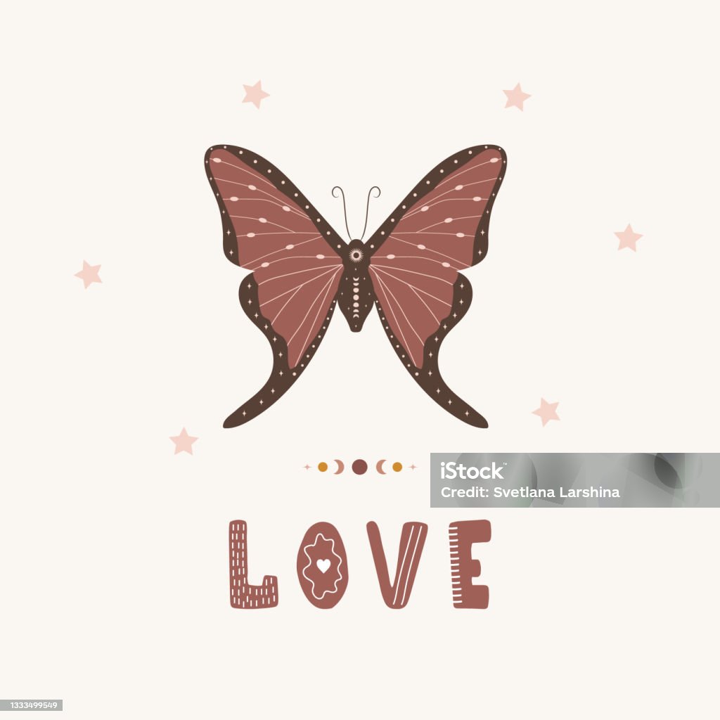 Butterfly Boho Poster Insect With Celestial Elements Scandinavian Design  For Children Wallpaper And Home Decor Cute Pastel Vector Illustration In  Cartoon Style Stock Illustration - Download Image Now - iStock