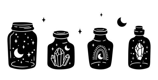 Mason jar clipart bundle, Celestial magic jar black and white glass bottles isolated items on white background, outline mystical bottle with rainbow, moon and stars, crystal, vector illustrations set Mason jar clipart bundle, Celestial magic jar black and white glass bottles isolated items on white background, outline mystical bottle with rainbow, moon and stars, crystal, vector illustrations mason jar stock illustrations