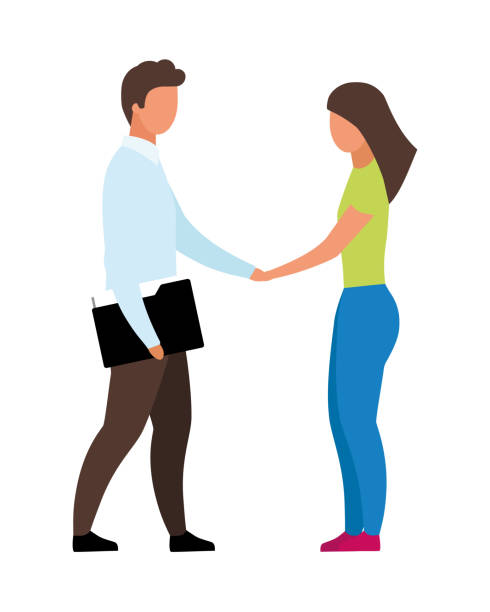 Hr manager hires girl for job semi flat color vector characters Hr manager hires girl for job semi flat color vector characters. Full body people on white. Interviewing new employee isolated modern cartoon style illustration for graphic design and animation interview event silhouettes stock illustrations