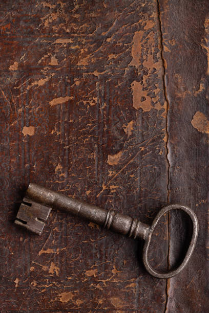 istock Door key, old metal, on a grunge surface, close-up. 1333501742