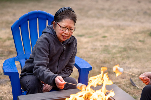 High quality stock photos of a family cooking s'mores over a fire pit.