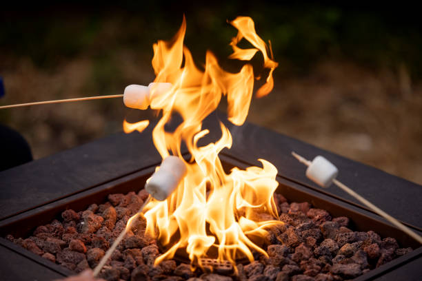 gotowanie s'mores przez fire pit - fire pit fire fireplace outdoors zdjęcia i obrazy z banku zdjęć