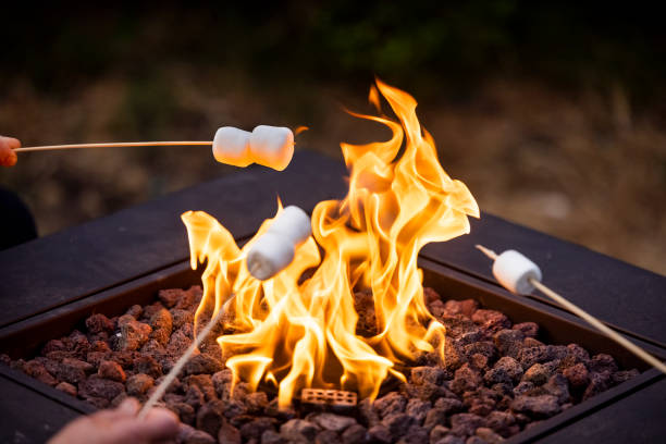 cooking s'mores by a fire pit - falò immagine foto e immagini stock