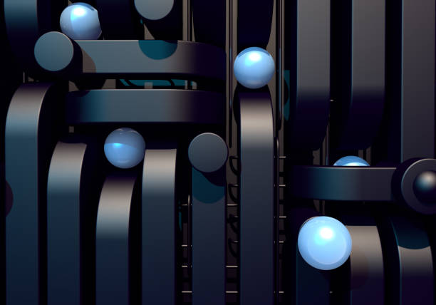 Abstract background with black square pipes and shiny metal balls in technology styled wall for soft industrial or scientific backdrop and wallpaper