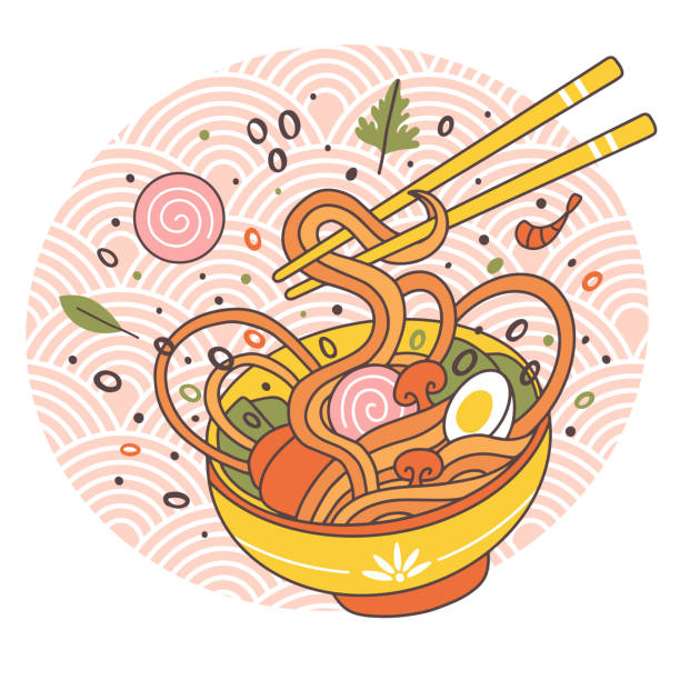 Doodle ramen noodles bowl oriental japanese traditional cuisine. Hand drawn meat broth tasty ramen noodle dish vector illustration. Asian food ramen bowl Doodle ramen noodles bowl oriental japanese traditional cuisine. Hand drawn meat broth tasty ramen noodle dish vector illustration. Asian food ramen bowl with egg and mushroom, chopsticks oriental food stock illustrations