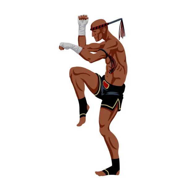 Vector illustration of muay thai boxer with a traditional amulet on his hand, an ancient cruel sport, protective stance