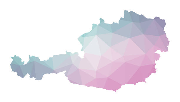 Polygonal map of Austria. Polygonal map of Austria. Geometric illustration of the country in emerald amethyst colors. Austria map in low poly style. Technology, internet, network concept. Vector illustration. austria map stock illustrations