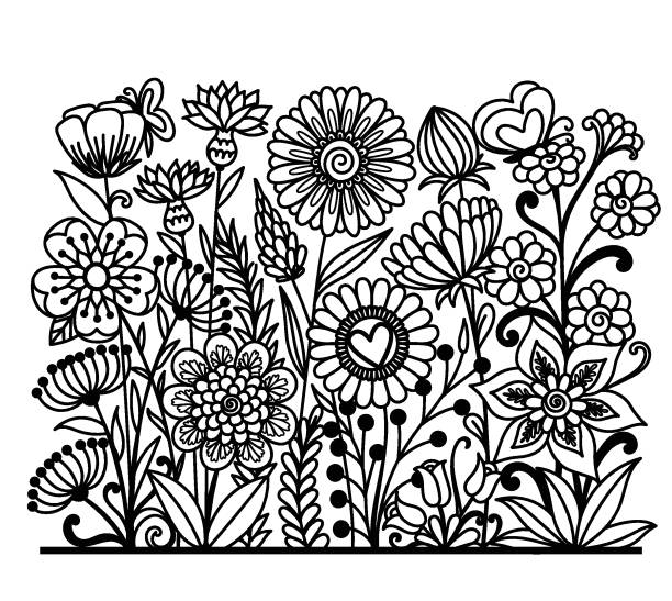 Repeatable flower Repeatable flowers line, black silhouette of floral garden on white background. Vector illustration. coloring book page illlustration technique illustrations stock illustrations