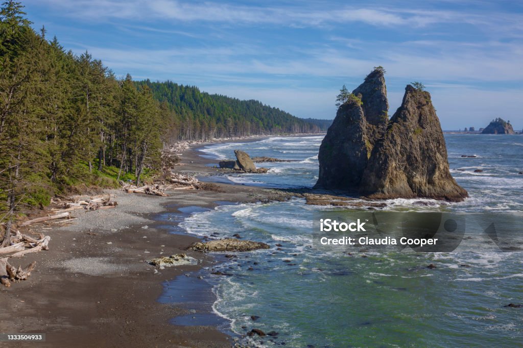 Stunning sea stacks at Rialto Beach in Olympic National Park in Washington state Olympic National Park Stock Photo