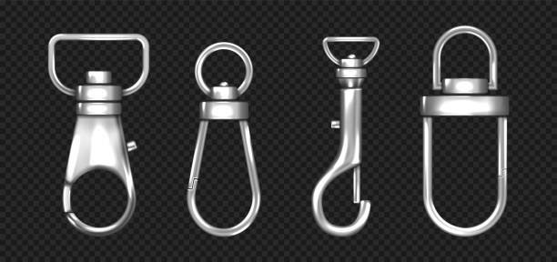 Realistic set of metal carabiners, lobster clasps Metal carabiners, lobster clasps isolated on transparent background. Vector realistic set of 3d steel carbine hooks with snap for safety climbing, key chains and lanyards metal clip stock illustrations