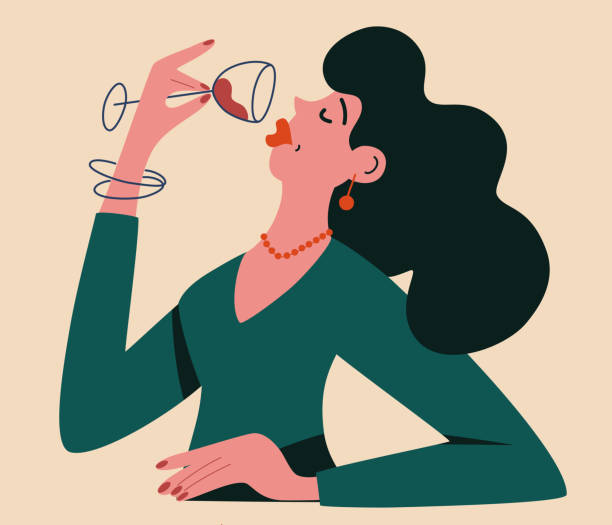 stockillustraties, clipart, cartoons en iconen met beautiful young girl drinking wine. woman with a glass goblet red wine. for cafes restaurants postcards and posters. cartoon flat vector illustration isolated on white background. - drinking wine