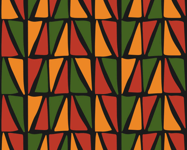 ilustraciones, imágenes clip art, dibujos animados e iconos de stock de kwanzaa abstracto, mes de la historia negra, patrón sin costuras de juneteenth con triángulos dibujados a mano en colores africanos tradicionales: negro, rojo, amarillo, verde. vector tribal étnico brillante diseño de fondo. - kwanzaa
