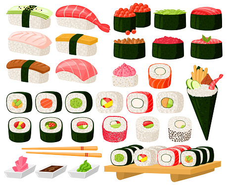 Cartoon asian cuisine rolls, sushi, sashimi dishes. Japanese oriental cuisine, seaweed, rice, fish and meat meals vector illustration set. Traditional sushi dishes in assortment with vegetables