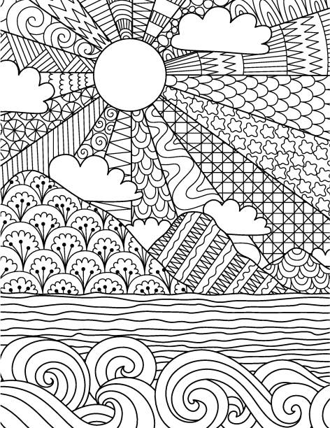 Bg 5 Abstract intricate line art of sunrise on the beach for background, coloring book, coloring page with the size 8.5x11. Vector illustration. coloring book page illlustration technique illustrations stock illustrations