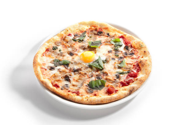 istock Pizza with Mushrooms, Bacon and Egg in Restaurant Plate Isolated 1333511523