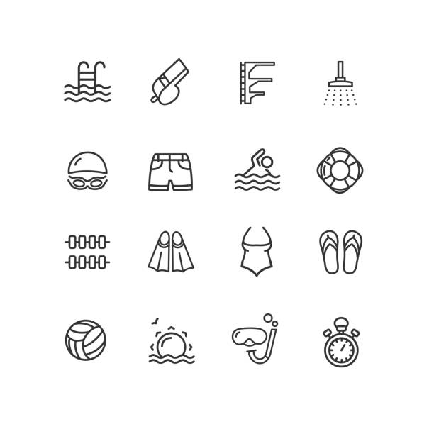 pool sign black thin line icon set. vektor - selam kegiatan ilustrasi stok