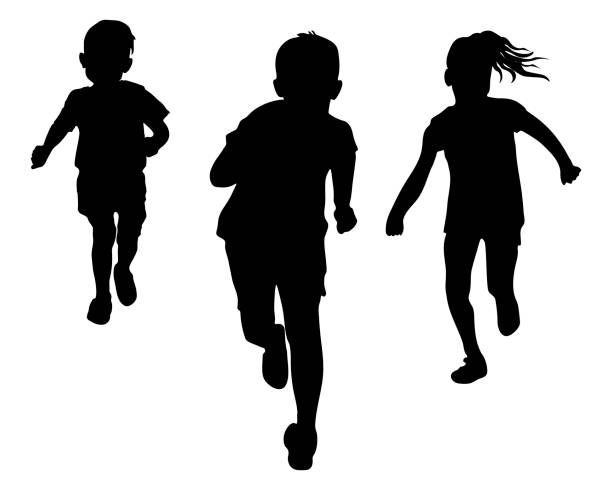ilustrações de stock, clip art, desenhos animados e ícones de silhouette of running children. vector illustration - silhuetas de crianças