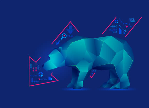polyBear concept of bearish in stock market exchange, graphic of low poly bear with decreasing graph drop bear stock illustrations